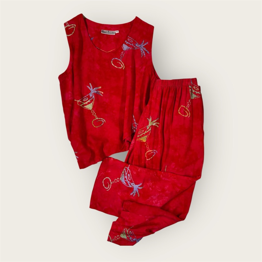 90s Vintage Bali Batiks Red Batik Martini Print Rayon Co-ord Set - Size M